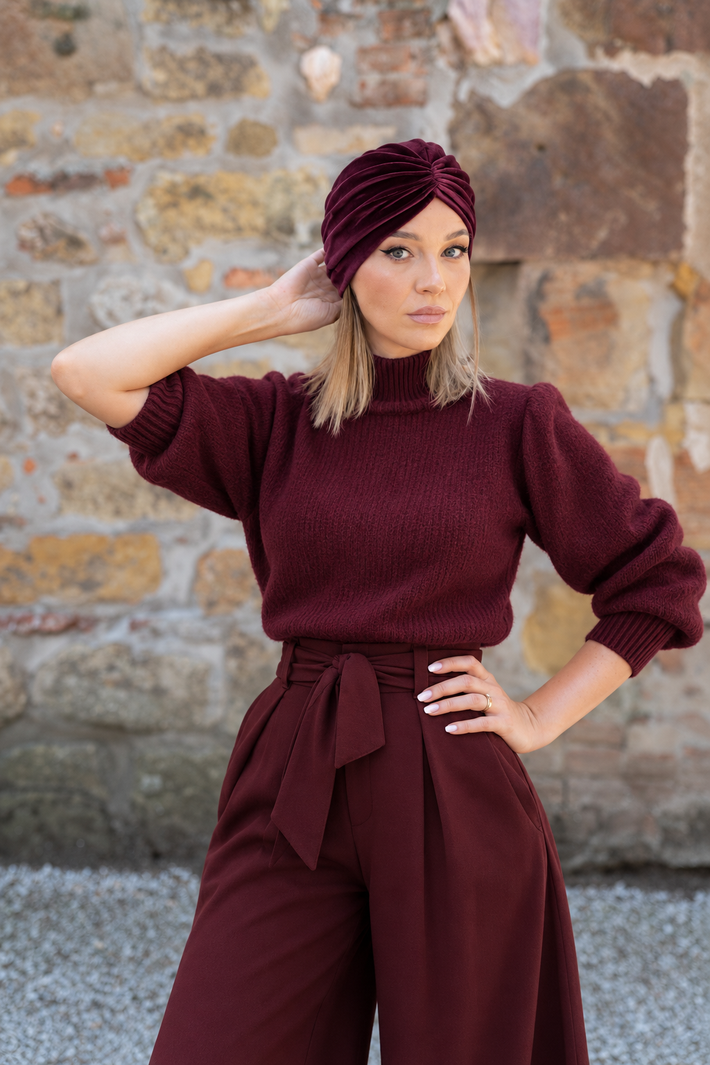 Turban dama din catifea visinie