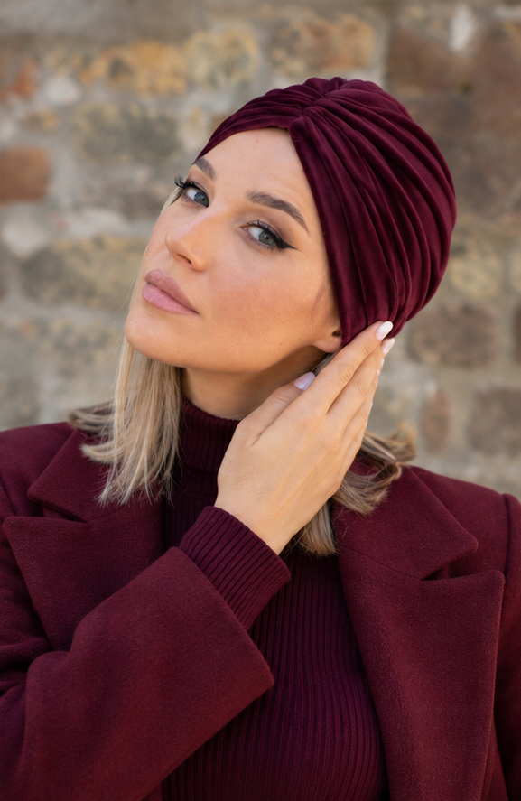 Turban dama din catifea visinie